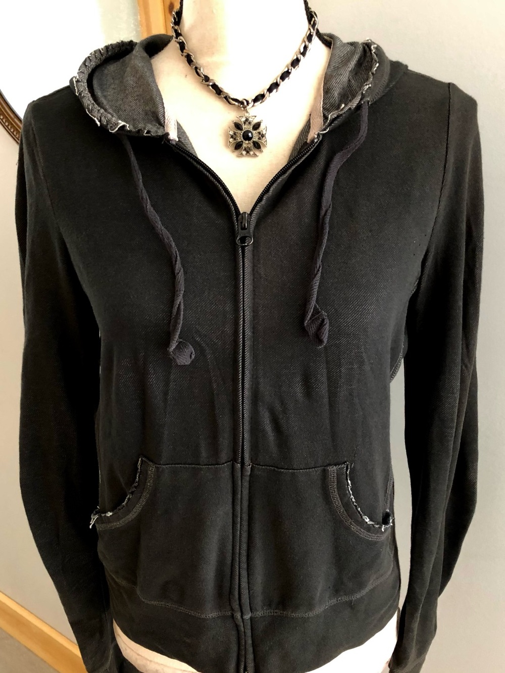 SO Black Denim Look Zip Up Sweatshirt Hoodie Size Large